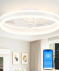 Compact 20in Bladeless Ceiling Fan With Dimmable Led Light And Wifi App Control low profile flush mount in a modern living room.