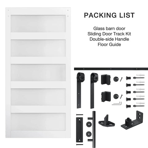 5-Panel Sliding Glass Barn Door 42-Inch By 84-Inch With Frosted Glass Waterproof Scratch-Resistant Privacy For Bathroom Includes 7-Foot Hardware Kit