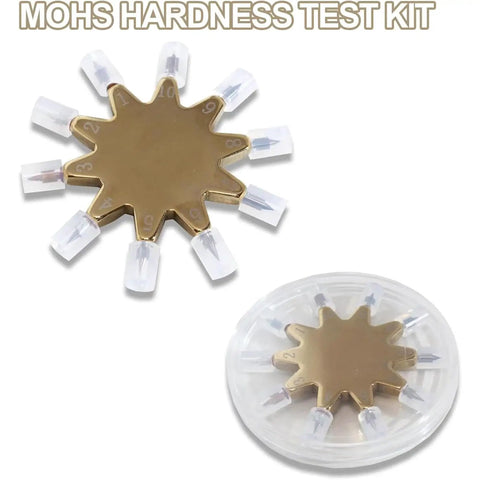 Pro Grade Mohs Hardness Test Kit With 1 to 10 Scratch Tester Picks Gold Ten Pointed Star Grip, gold 10-point tester and case