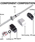 Component composition of Premium C5 Ballscrew DFU1605 Set Including Customizable End Machined Parts for CNC applications.