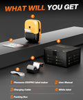 Hella Tough Industrial Label Printer Slick Portable Bluetooth 2 Inch Tape Cutter No Fuss App Integration For Heavy Duty Wiring Box Sorting Gear Tagging And Equipment Identification with user manual, charging cable, and packing box.