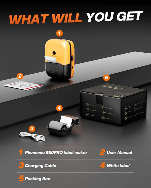 Hella Tough Industrial Label Printer Slick Portable Bluetooth 2 Inch Tape Cutter No Fuss App Integration For Heavy Duty Wiring Box Sorting Gear Tagging And Equipment Identification with user manual, charging cable, and packing box.