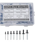 200 Piece Black Aluminum Blind Rivet Kit With Storage Case, Your Go To Auto And Furniture Repair Rivet Set, 8mm To 18mm Size Range, Durable Aluminum Alloy Construction, Handy Quick Fix For Projects. 200PCS black blind rivets in storage case