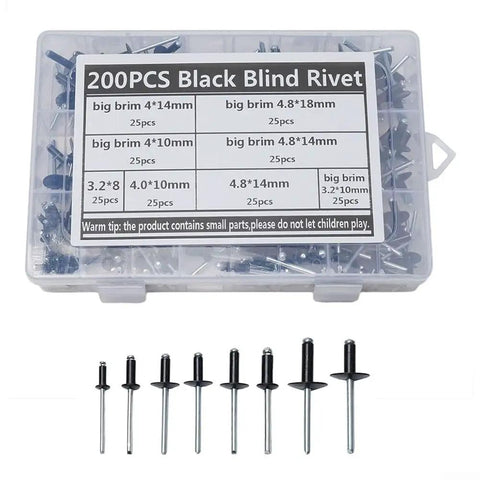 200 Piece Black Aluminum Blind Rivet Kit With Storage Case, Your Go To Auto And Furniture Repair Rivet Set, 8mm To 18mm Size Range, Durable Aluminum Alloy Construction, Handy Quick Fix For Projects. 200PCS black blind rivets in storage case