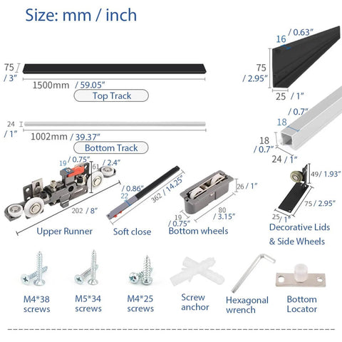 Diagram of Concealed Sliding Barn Door Hardware Kit With 59.05 Inch Track showing measurements and components, including soft close mechanism.