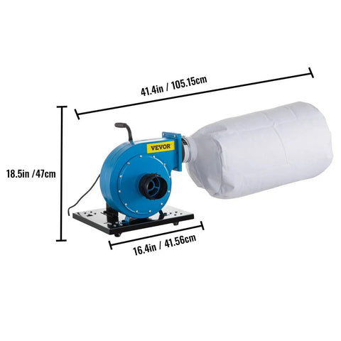 Heavy Duty Industrial Dust Collector With Beefy 1 HP Motor And Smooth Rolling Wheeled Cart Design Sweeping 537 CFM Airflow For Pristine Woodworking Shop Space, side view with dimensions.