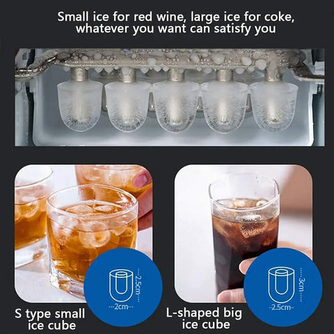 Hella Quick Countertop Ice Maker Machine With Dope Stainless Steel Build And 220V Power Make Crystal Clear Cubes And Fresh Snow Flakes with small and large ice cubes for beverages.