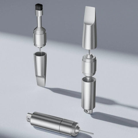 All In One Portable Multitool With Package Cutter And Phone Ejector Pin showing open components with brush and cutter.