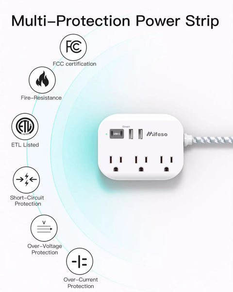 Flat Design Power Strip With USB Ports And 5 Foot Extension Cord Game Changer Travel Kit featuring surge protection labels.