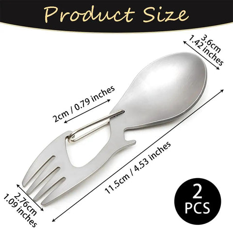 4 In 1 Stainless Steel Spoon Fork With Carabiner And Bottle Opener, Lightweight Survival Tool For Hiking And Camping, Easy To Pack Go To EDC Gear For Outdoors, 2 Pack, dimensions shown