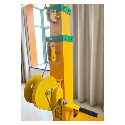 Top Shelf Manual Telescopic Hand Crank Lifting Pole Offering No Sweat Height Adjustment Up To Nine Meters detailed view of yellow crank mechanism.