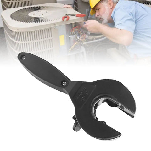 Copper Pipe Cutter Ratchet Tubing Cutter Made From Steel For Plumbing HVAC And Auto Repairs Heavy Duty Workhorse Pro Grade Tool Delivers Smooth Accurate Cuts Durable Construction For Daily Use shown in front of HVAC technician.