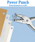 Dual Size Metal Hole Puncher for office and crafts, two punch heads, compact desktop design, shown punching paper and cardstock.