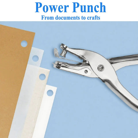 Dual Size Metal Hole Puncher for office and crafts, two punch heads, compact desktop design, shown punching paper and cardstock.