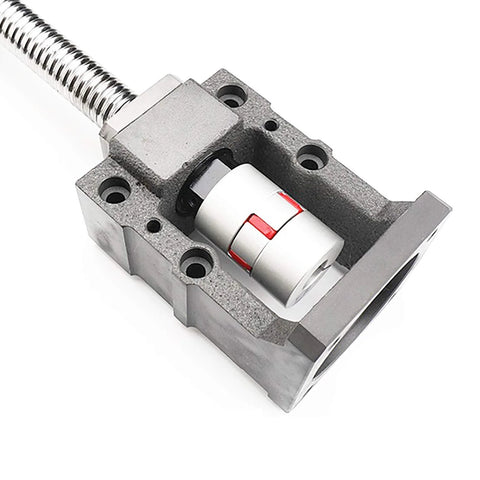 NEMA 23 steel motor mounting bracket with BK10 ball screw fixed-end bearing mount; silver ball screw nut visible.