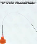 Labelle extra-long needle applicator extension with orange cap for precise lubrication in tight or deep areas.