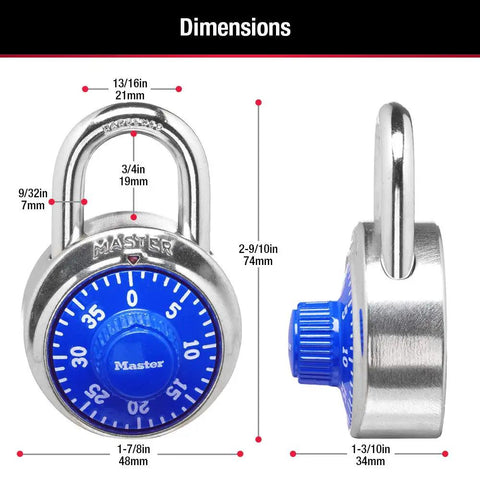 Locker Lock Combination Padlock For School And Gym Lockers Indoor Use 1 Pack with dimensions, blue durable metal body