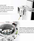 Close-up of aluminum shell and stainless steel liner on electric grain grinder mill high speed for spices herbs and dry cereals.
