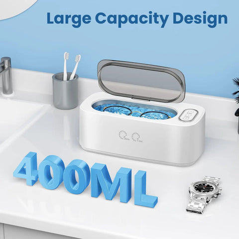 48 Kilohertz Ultrasonic Cleaning Machine For Jewelry Glasses Earbuds Dental Plates And Watch Straps Packs dual setting on a 400ml capacity unit.