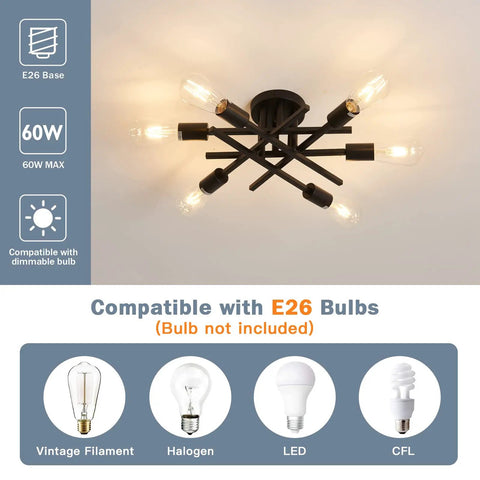 Six Light Black Matte Sputnik Ceiling Light Fixture Semi Flush Mount With E26 Base for cozy modern farmhouse style