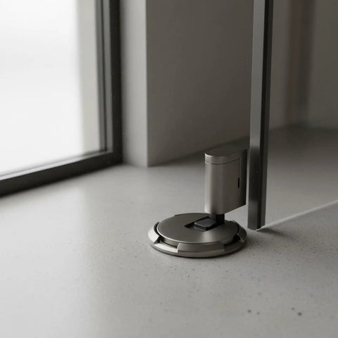 Solid Zinc Alloy Door Stopper With Suction Holder For Floor And Walls Holds Tight Against Wind To Keep Bedroom Office Quiet And Safe From Slams, positioned on a gray floor.