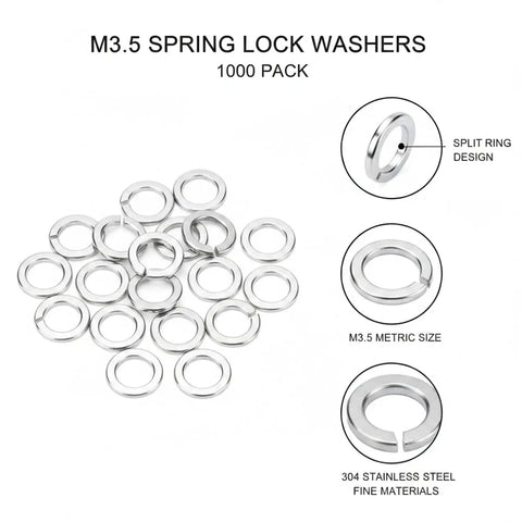 M3.5 Spring Lock Washers 304 Stainless Steel Split Ring Fasteners For Machinery And Automotive Repair, showing 1000 pack