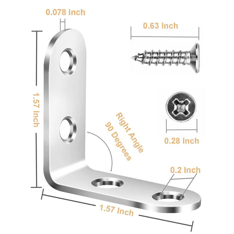 16 Piece L Bracket Set For 90 Degree Right Angle Shelves Stainless Steel Furniture Anchors Waterproof Mounting Fasteners With 64 Screws For Wood Connections And Easy DIY Projects