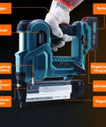 Cordless 2in1 Brad Nailer And Stapler, 18 Gauge Electric Power Tool, showing trigger, battery, and depth adjustment features.