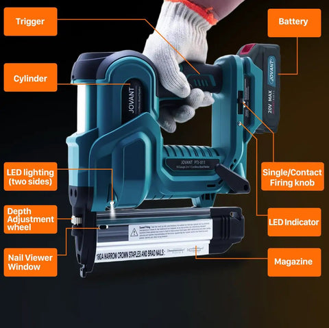 Cordless 2in1 Brad Nailer And Stapler, 18 Gauge Electric Power Tool, showing trigger, battery, and depth adjustment features.
