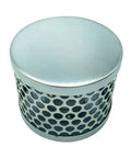 Round Hole Suction Strainer For Pumps, Plated Steel 1.5 Inch Thread, Rust Resistant And Debris Guard, side view close-up.