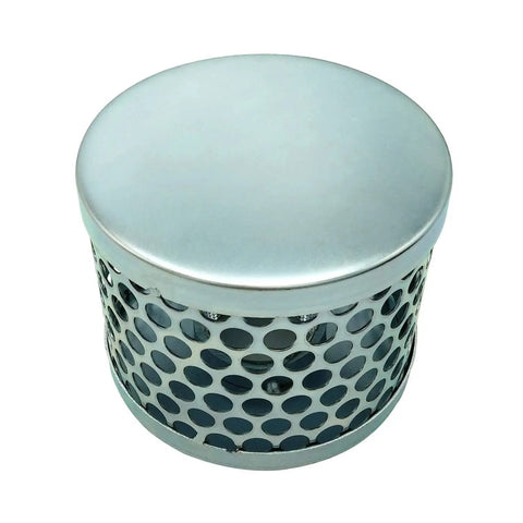Round Hole Suction Strainer For Pumps, Plated Steel 1.5 Inch Thread, Rust Resistant And Debris Guard, side view close-up.