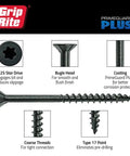 PrimeGuard Plus Exterior Deck Screws Size Eight For Wood To Wood Fastening One And Five Eighths Inch Self Starting Type Seventeen Point With Six Sided Star Drive Black Finish Weather Resistant One Pound Box diagram showcasing features