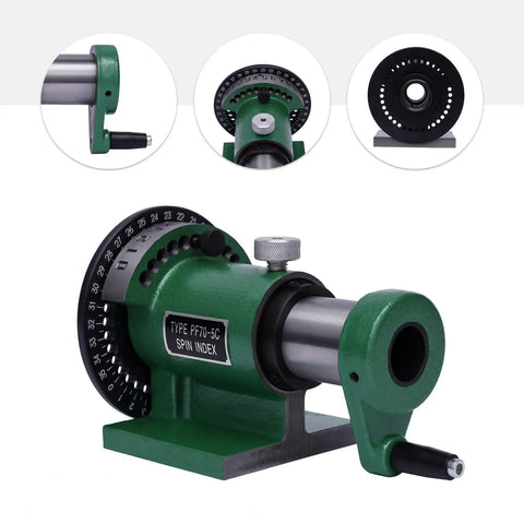 Knockout Precision 5C Spin Index Fixture Collet with heavy-duty green cast steel frame and 360-degree scale for milling rigs.