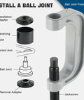 Front view of DASBET ball joint press kit, 10-piece blue tool set with adapters