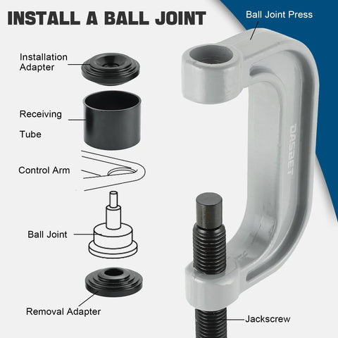 Front view of DASBET ball joint press kit, 10-piece blue tool set with adapters