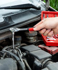 Using 46 Piece One Quarter Inch Drive Socket Ratchet Set For Auto And Home Repair on car engine with red tool case