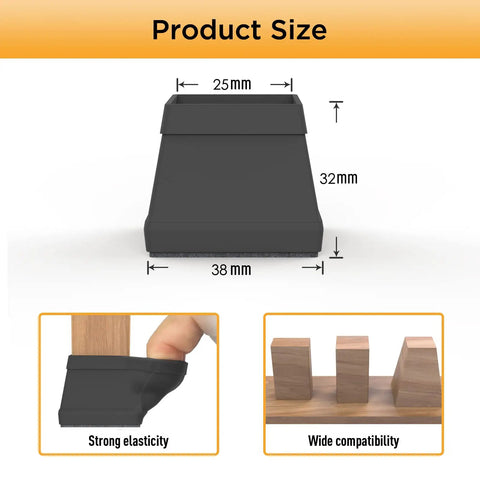 Product size and features of 16 Piece Square Chair Leg Protectors Set Silicone Furniture Feet 25-38mm dimensions