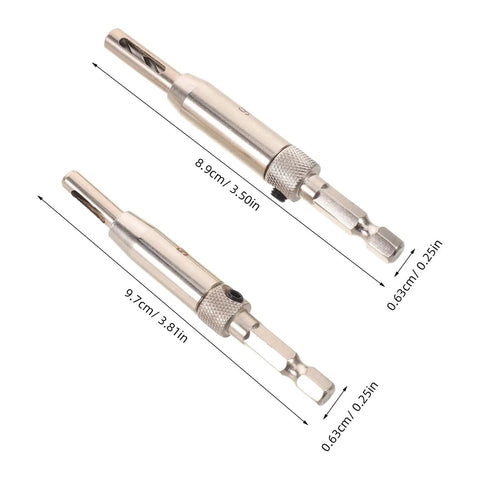 Get Your Hinge Drilling Game Strong With This 4Pc Self Centering Drill Bit Kit with two silver guide sleeves for precision.