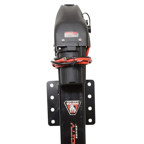 Close-up of Velocity Series Fully Powered Trailer Jack with Side Mount 12,000 lbs per leg capacity, 24 inch travel, bolt-on installation