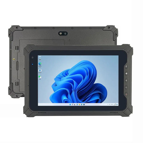Ready To Roll 8 Inch Windows 11 Pro Tablet With Intel N5100 Processor And 8GB Ram Plus 128GB Storage For Rugged Outdoor Work That Gets The Job Done Every Day With 700 Nit High Brightness Display And 4G LTE Support shown from front and back with rugged design.