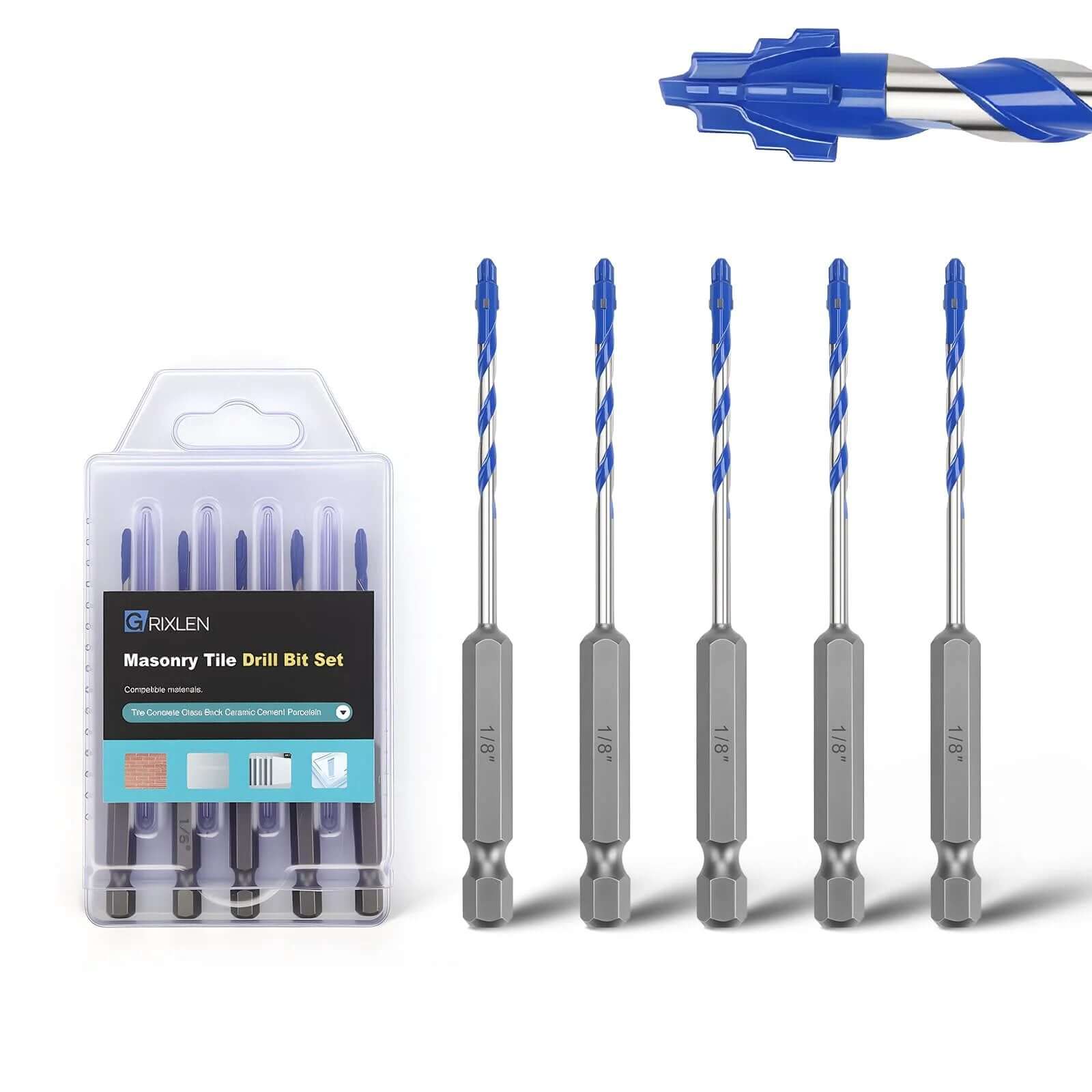 Five Pack One Eighth Inch Masonry Tile Drill Bits With Hex Shank Step