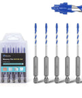 Five 1/8-in masonry tile drill bits with blue tips and gray hex shanks in a clear plastic case; Grixlen Masonry Tile Drill Bit Set