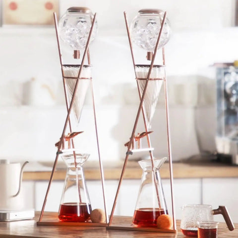 Top Tier Iced Coffee Maker And Cold Brew Drip Tower With 800Ml Borosilicate Glass Pitcher on wooden kitchen counter.