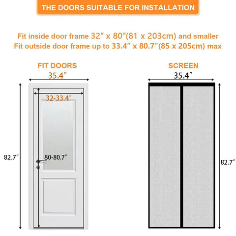 Black Magnetic Screen Door For Doors Up To 36x82 Inches, shown with fit dimensions and 39x83 panel with wide border.