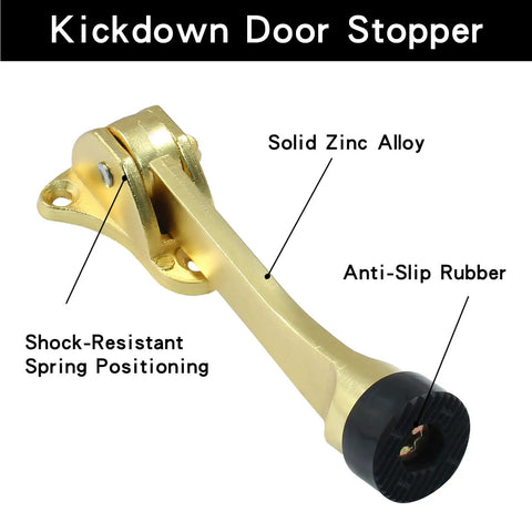 Kickdown Door Stopper 4 Inch Heavy Duty Door Stop 2 Pack With Mounting Screws And Screwdriver Zinc Alloy Brushed Satin Finish Non Slip Rubber Tips For Secure Hold Open And Prevent Slams.