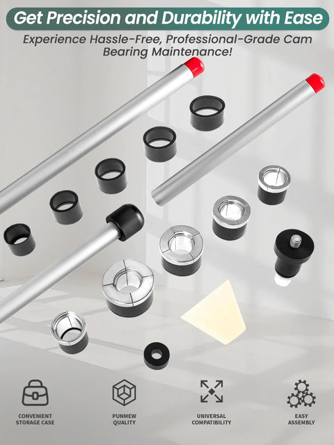 Punmew cam bearing removal and installation tool kit with aluminum rods and assorted adapters (1-1/8–2-2/3 in).