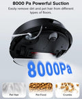 Q7 L5 All-In-One Robot Vacuum And Mop Combo With 8000 Pa Suction showing suction power and debris types like pet hair and crumbs.