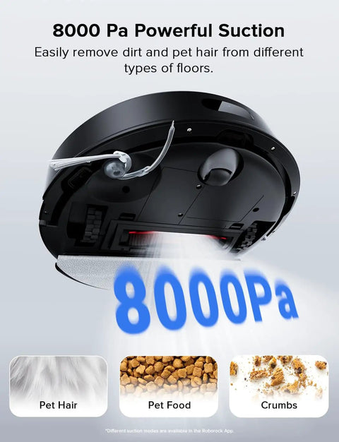 Q7 L5 All-In-One Robot Vacuum And Mop Combo With 8000 Pa Suction showing suction power and debris types like pet hair and crumbs.