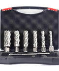 Real Deal 3/4 Inch Annular Cutter Set With Weldon Shank Includes Six Heavy Duty High Speed Steel Hole Saws For Magnetic Drills Mills And Large Drill Presses Featuring Two Inch Cutting Depth And Badass Durability displayed in a protective case.