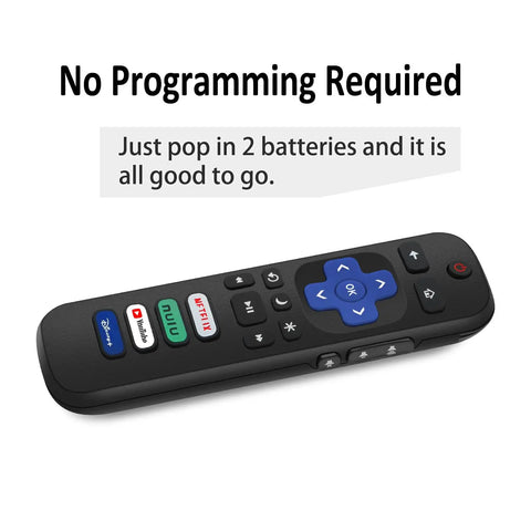 Close-up of a Two Pack Replacement Remotes For Roku TV That Actually Work With TCL Hisense Sharp Philips Onn Element Westinghouse Insignia JVC RCA Hitachi Sanyo Roku Smart TVs, showing buttons and 'No Programming Required' text.